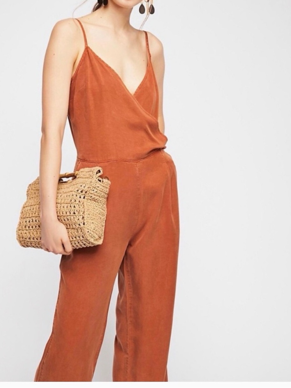 Free People Rust Wide Leg Jumpsuit Small Boho Linen Blend Cami Romper Terracotta